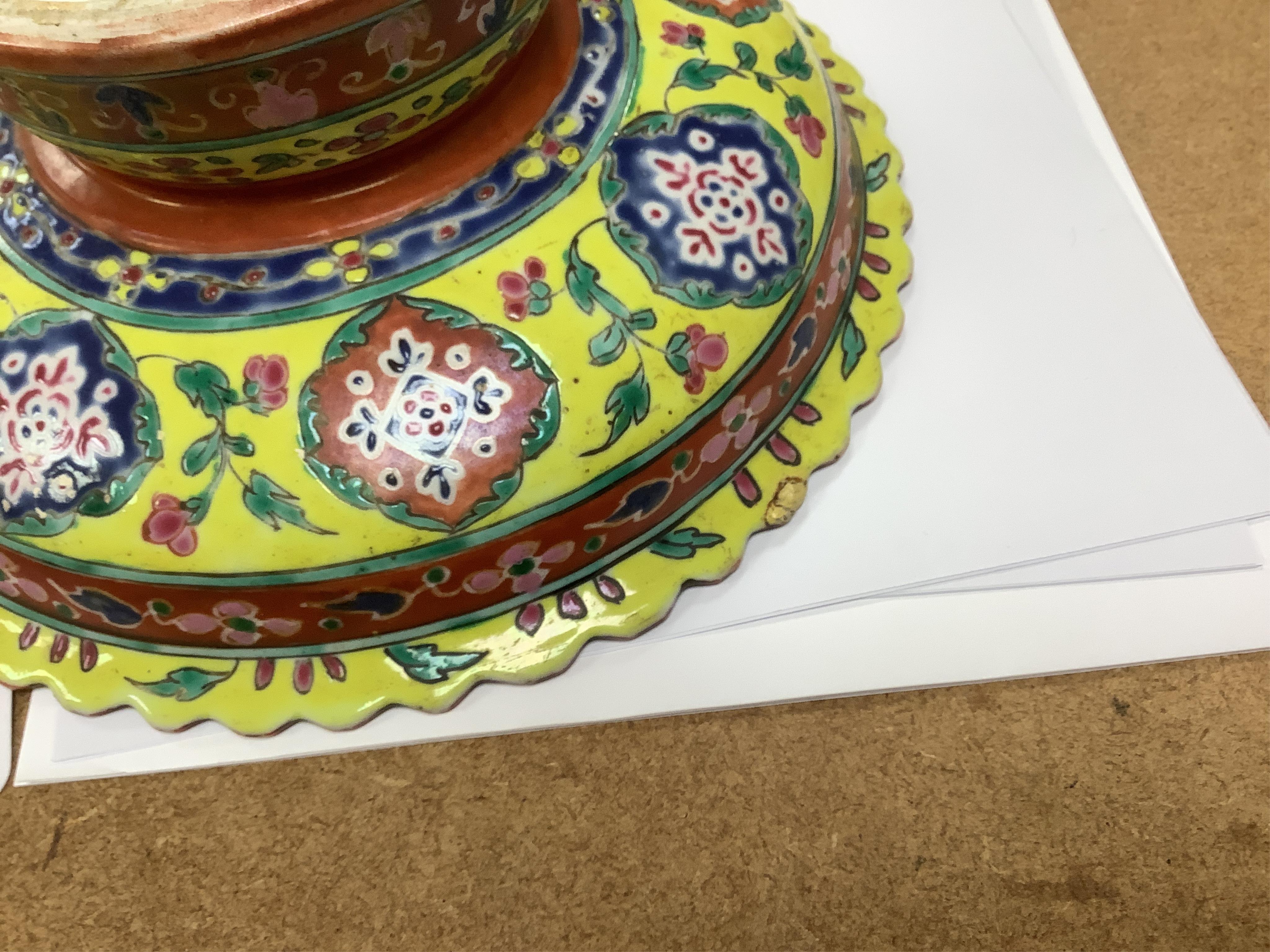 A late 19th century Chinese bencharong stem dish, made for Thai market, 23cm diameter